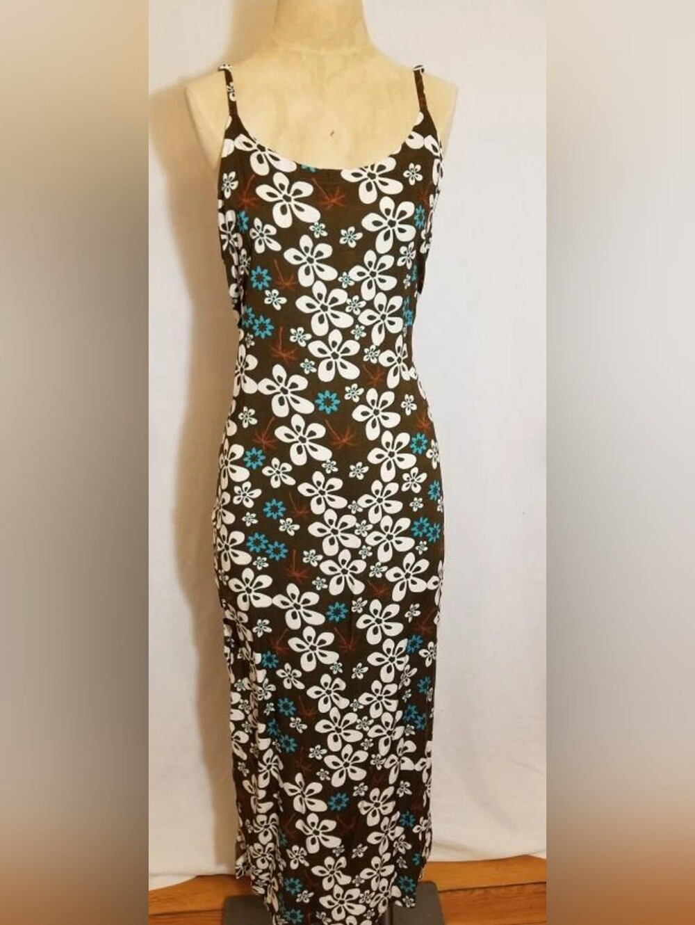 Sleeveless Floral Maxi Dress in Brown with White & Teal Flowers
